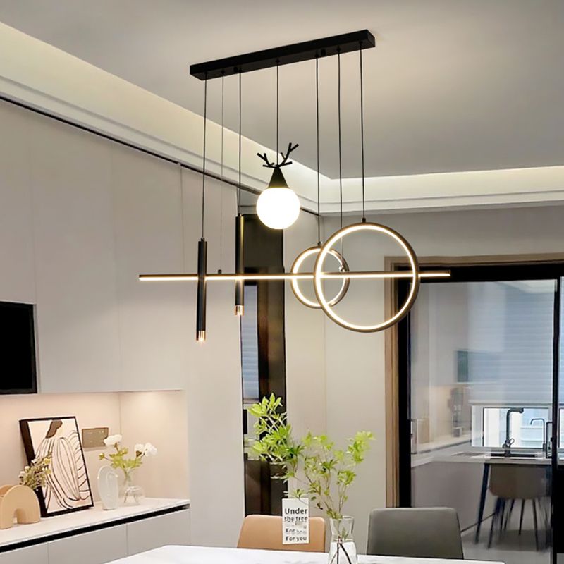 Black Geometric Island Lighting Simple Style Metal LED Pendant Light for Dining Room