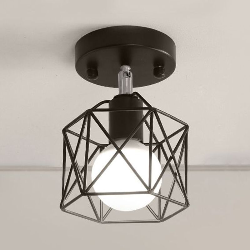 Semi-affleurant hexagonal à 1 lumière avec protection métallique, luminaire monté au plafond en fer noir pour Loft industriel, pour cuisine