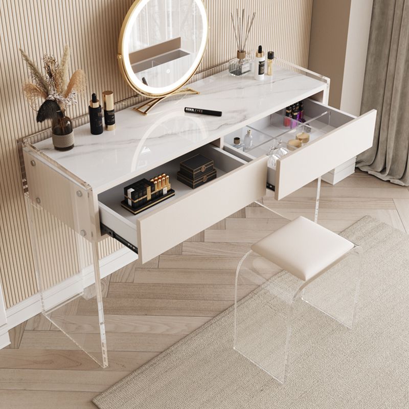 Stone Top Make-up Vanity White Wood Dressing Table with 2 Storage Drawers