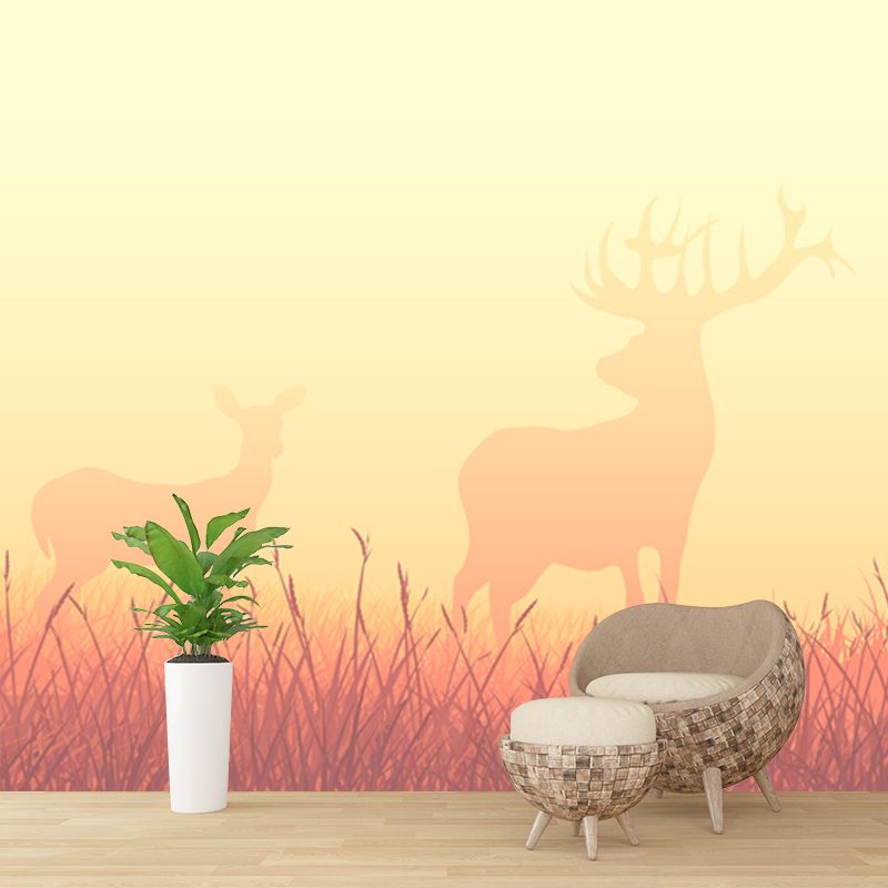 Deers in Foggy Meadow Mural Wallpaper Beige Nordic Wall Art for Living Room, Size Optional