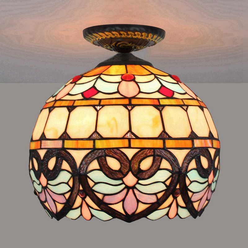 Plafonnier à 1 lumière de 8,5 po/12 po de largeur, luminaire de plafond en verre taillé à motifs de fleurs victoriennes en laiton avec abat-jour globe/dôme