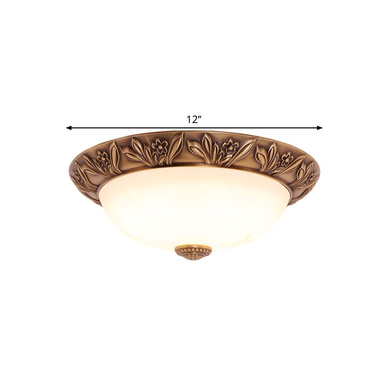4/3/2 Heads Bowl Flush Light Antiqued Brass White Glass Ceiling Mounted Fixture,12"/16"/21.5" Width