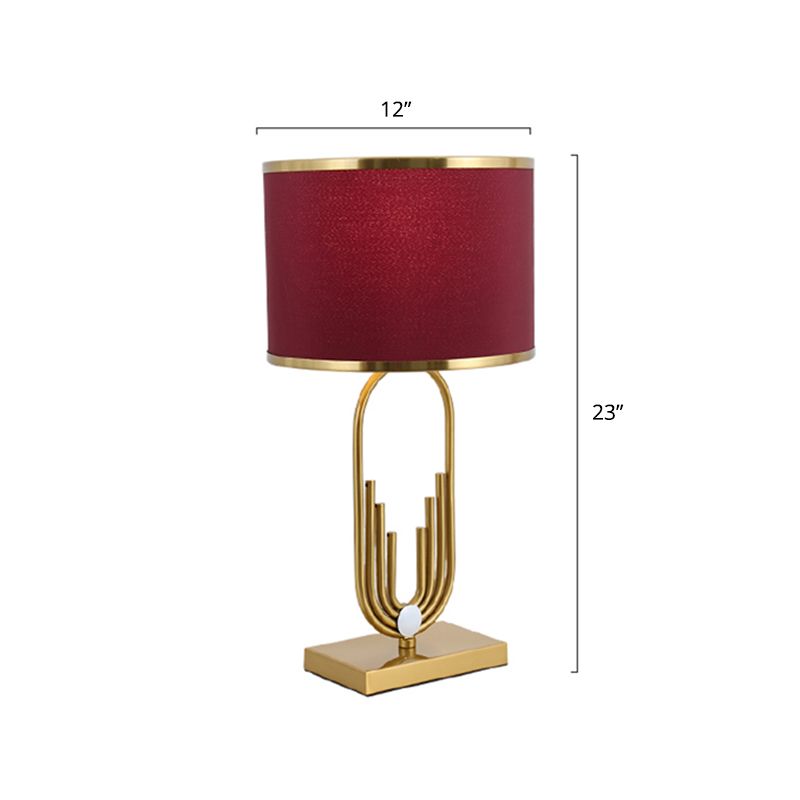 Fabric Drum Nightstand Lamp Simplicity 1 Bulb Bedside Table Lighting in Red for Living Room