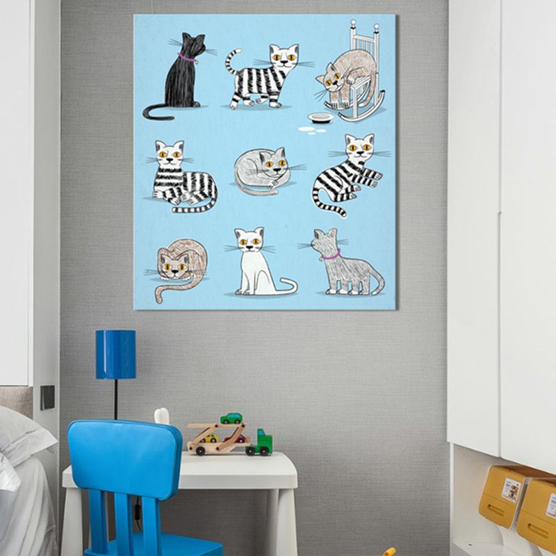 Diversiform Cat Pattern Canvas Children's Art Textured Wall Decor in Blue for Guest Room
