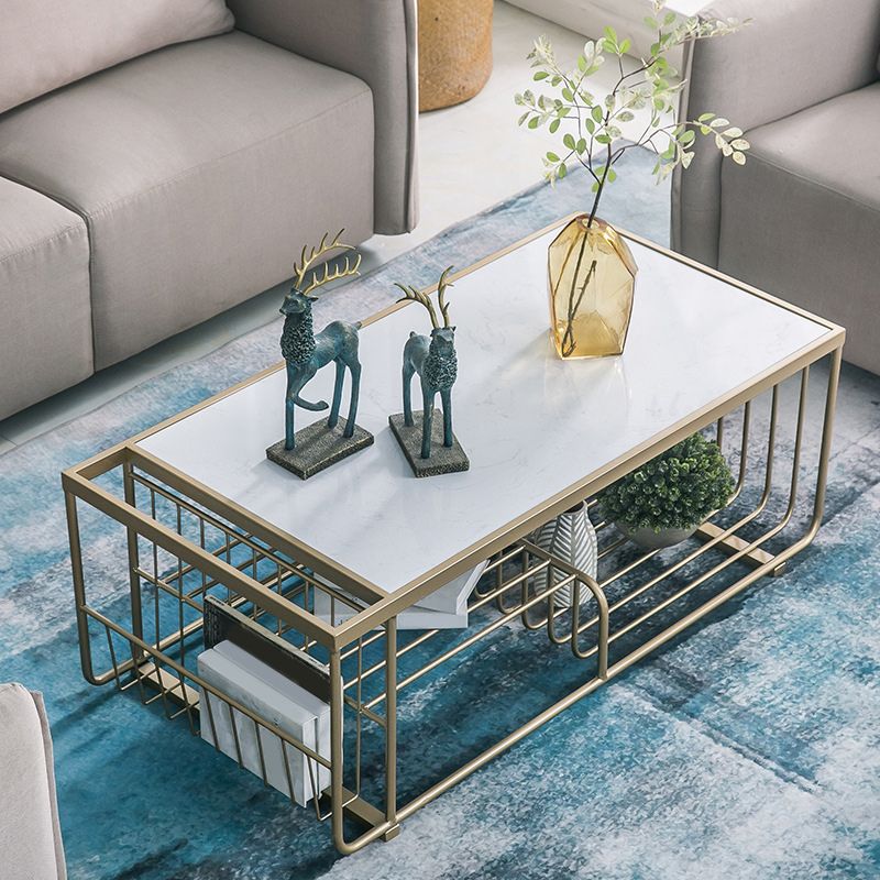 Rectangle Cocktail Table with 3 Iron Shelves and Marble Top Coffee Table