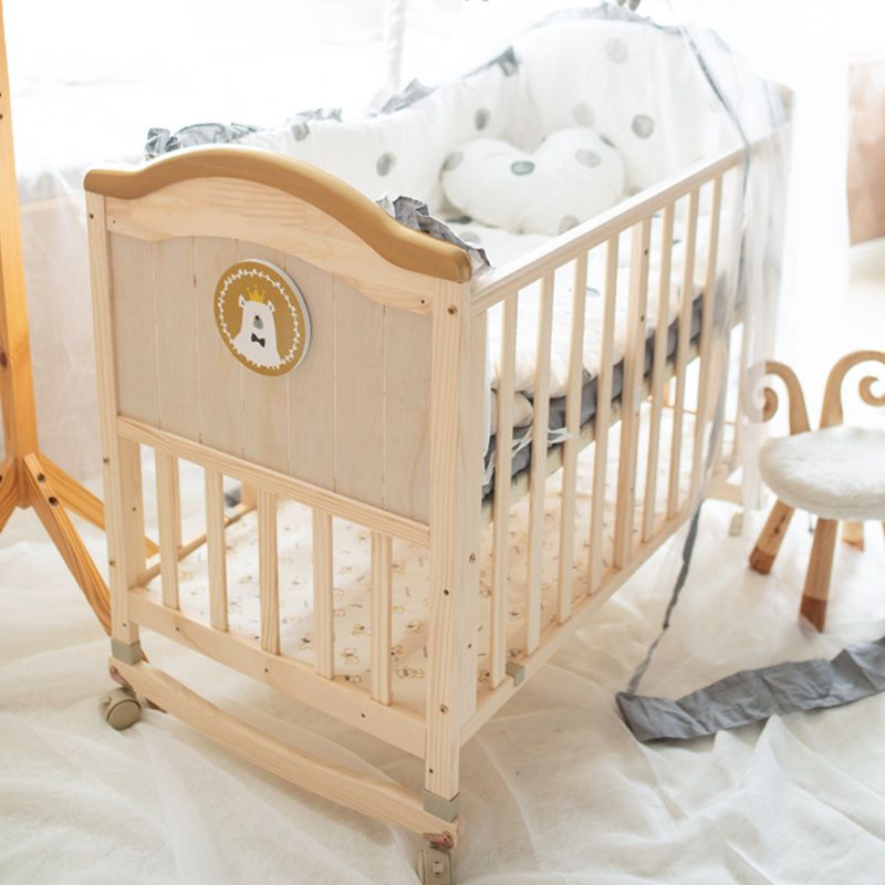 Farmhouse Brown Nursery Bed Wooden Storage Crib with Casters