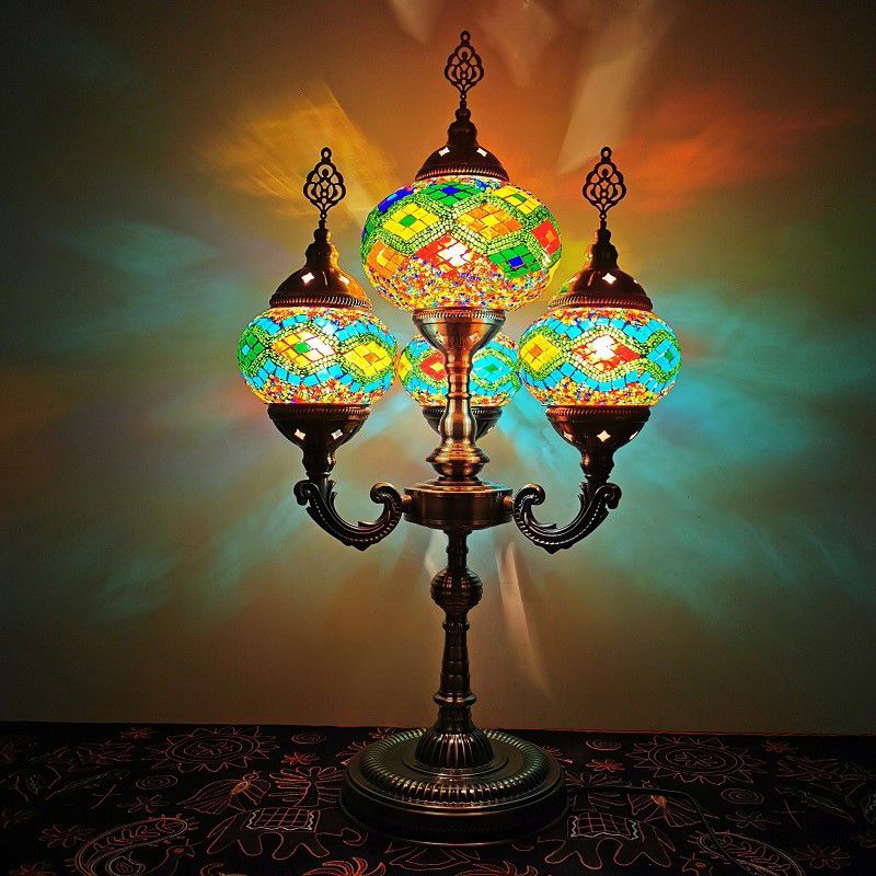 Stained Glass Candelabra Task Lamp Traditional 4 Lights Bedside Nightstand Lamp in Yellow/Orange/Blue