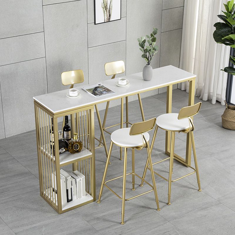 White Rectangle Faux Marble Top Bar Table Industrial Double Pedestal with Shelves