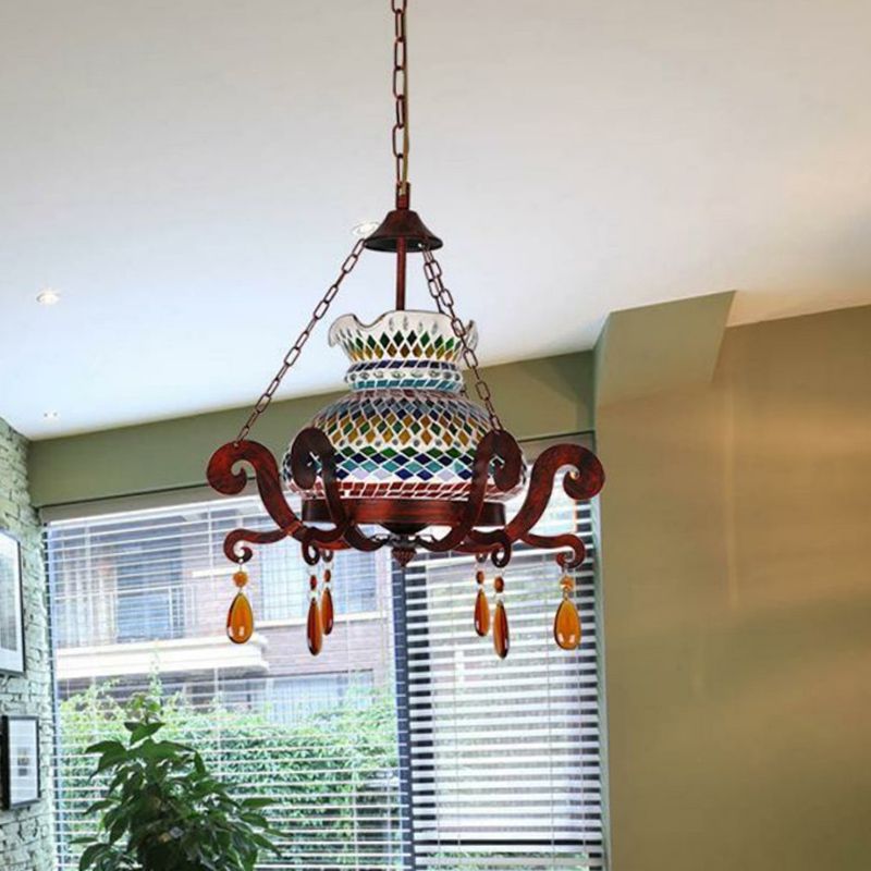 Stained Glass Weathered Copper Pendant Vase 1 Light Moroccan Style Hanging Light Kit