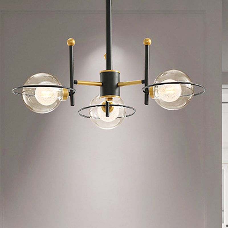 Luz de araña de metal Sputnik Modern 3/6 Luces LED LED NEGRO Luz de techo colgante con sombra de pelota de vidrio transparente