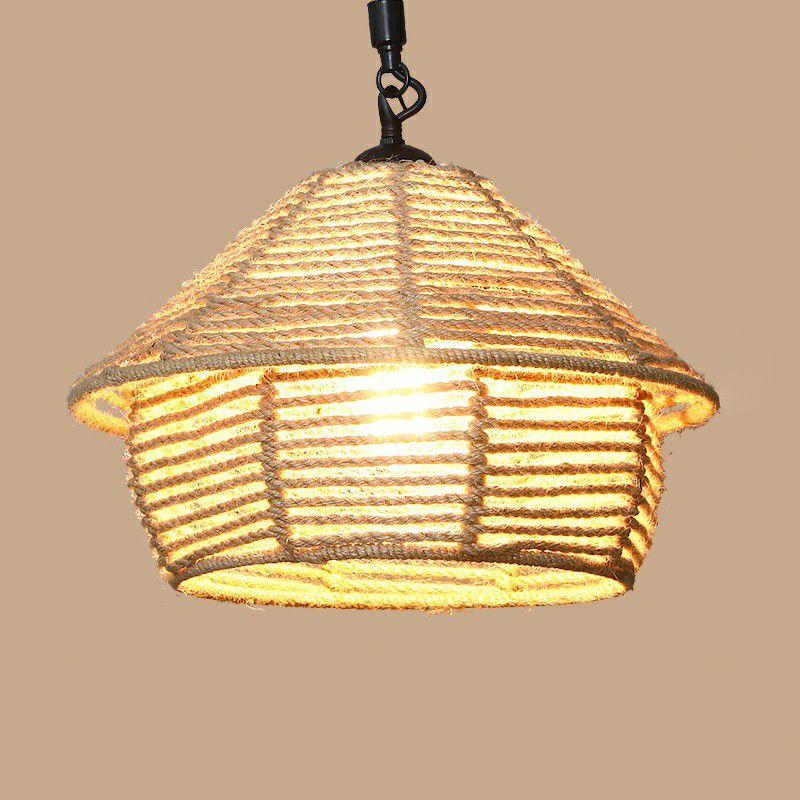 1 Bulb Hanging Light Rustic Style Wrapped Hemp Rope Pendant Light Fixture in Brown