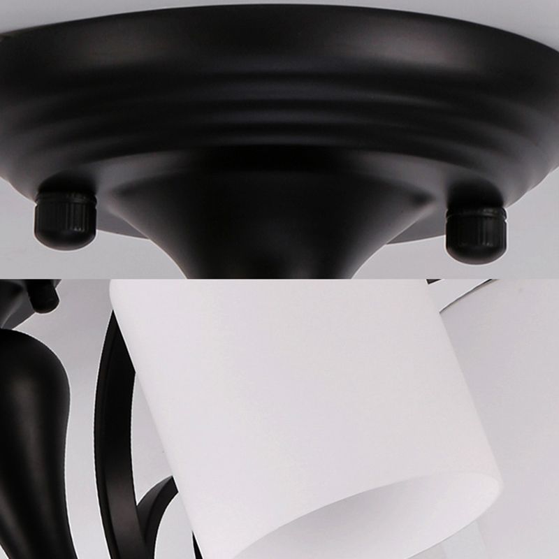 3/5/6 Lights Semi Flush Mount Traditional Cylinder Frosted Glass Ceiling Light in Black for Bedroom