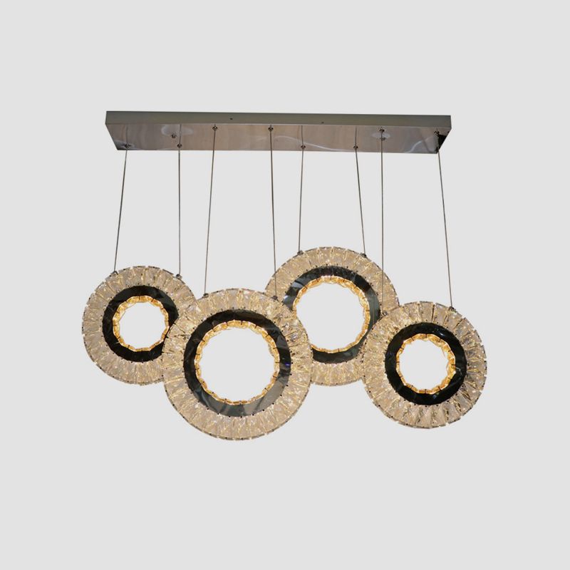 4-Ring Clear Crystal Blocks Suspension Light Contemporary LED Porch Multi Ceiling Lamp in Black