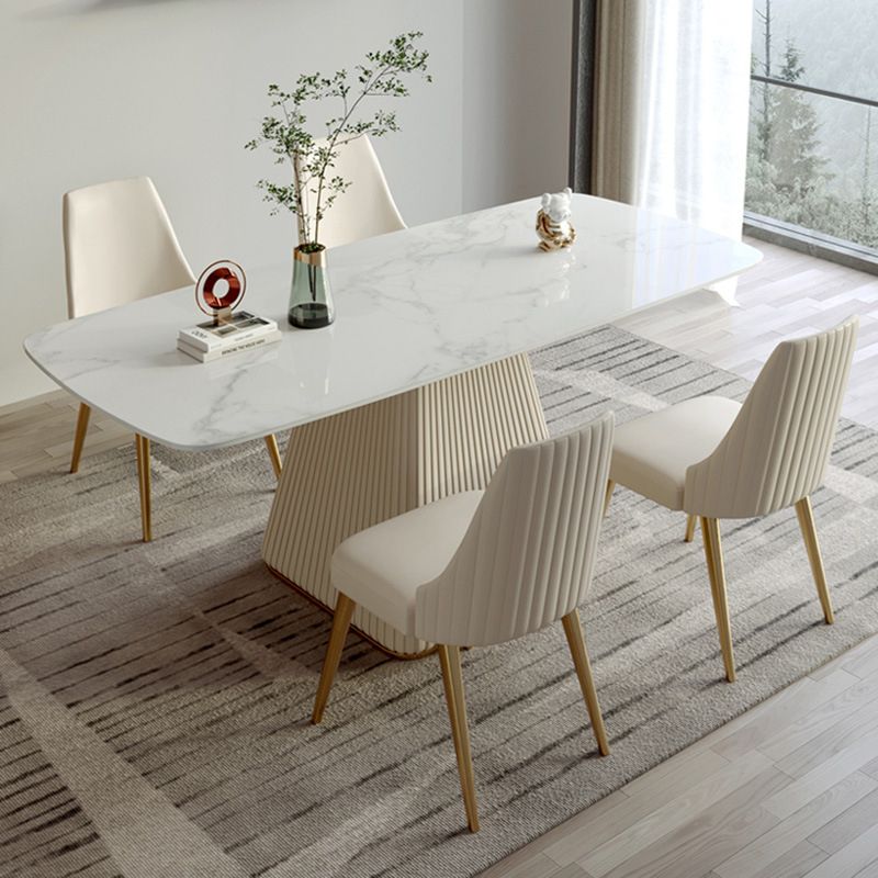 Mesa de comedor de lujo tradicional rectángulo Mesa de piedra sinterizada con base de pedestal blanco