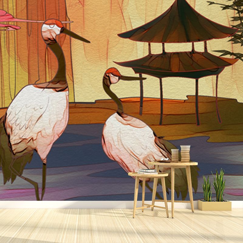 Chinese Halcyon Lake Scene Mural Yellow-Brown Moisture Resistant Wall Art for Tearoom