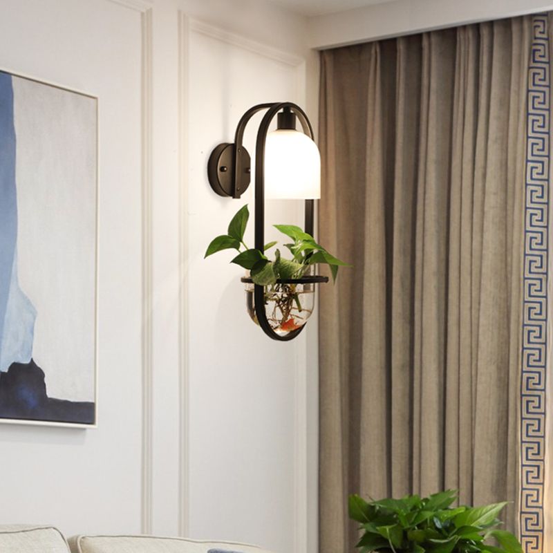 Black 1 Light Wall Lighting Industrial Metal Oval LED Wall Sconce with Plant Cup for Living Room
