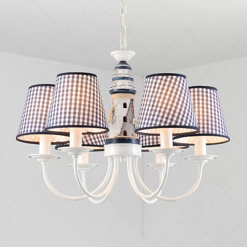 Kids Blue Pendant Light with Plaid Shade Lighthouse 6 Lights Metal Chandelier for Child Bedroom