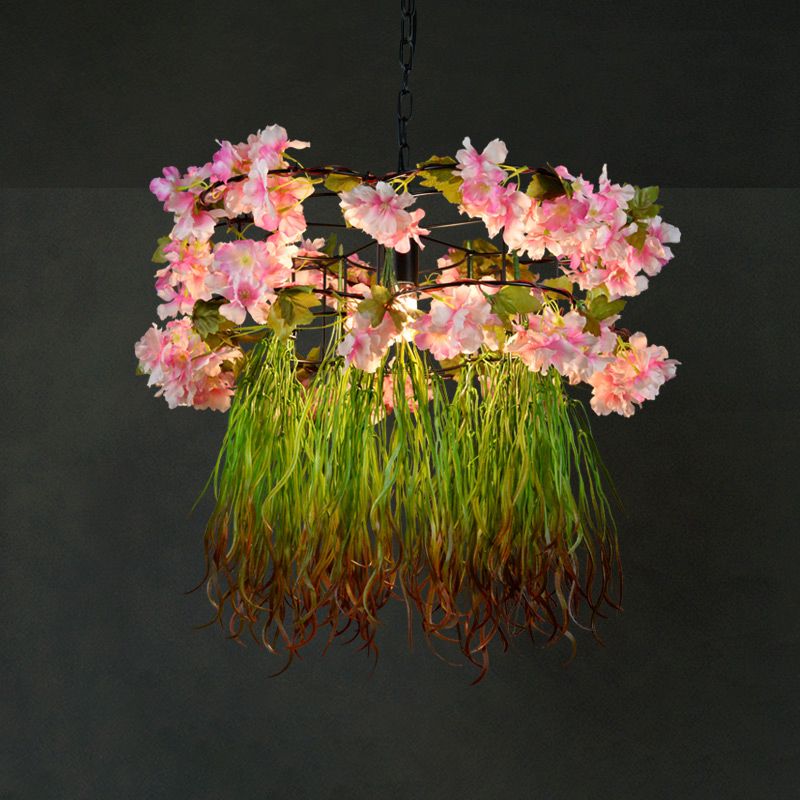 Antique Shaded Pendant Light 1-Light Metallic Hanging Light Fixture with Artificial Plant for Restaurant