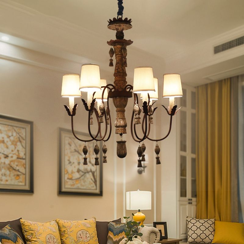 Tapered Fabric Chandelier Lamp Vintage 6 Lights Bedroom Hanging Light Fixture in Black with Wood Drop