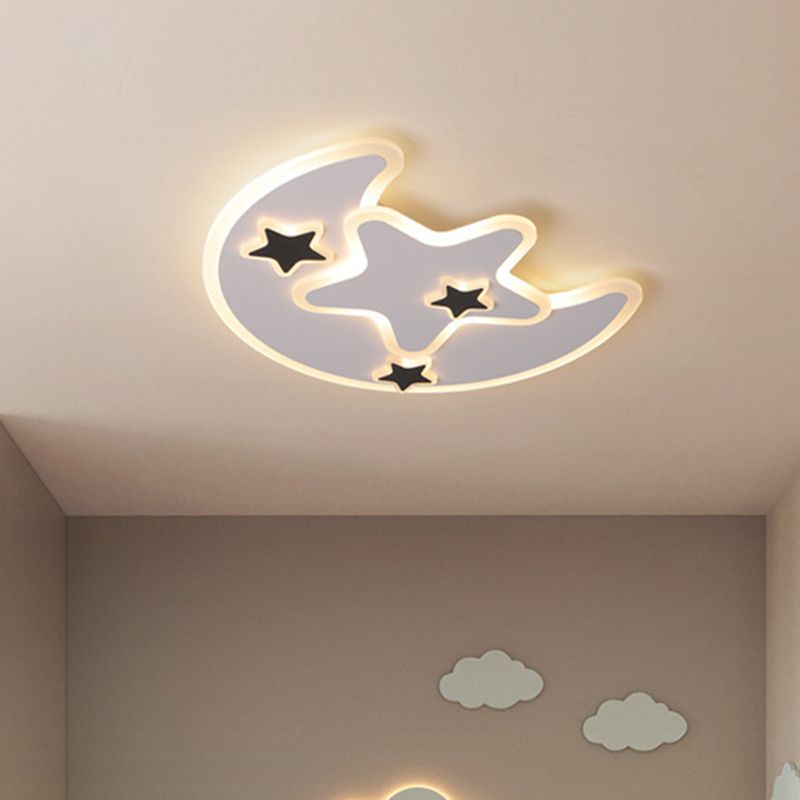 Black Moon and Star Flushmount Light Contemporary LED Acrylic Children Bedroom Ceiling Fixture in Warm/White Light