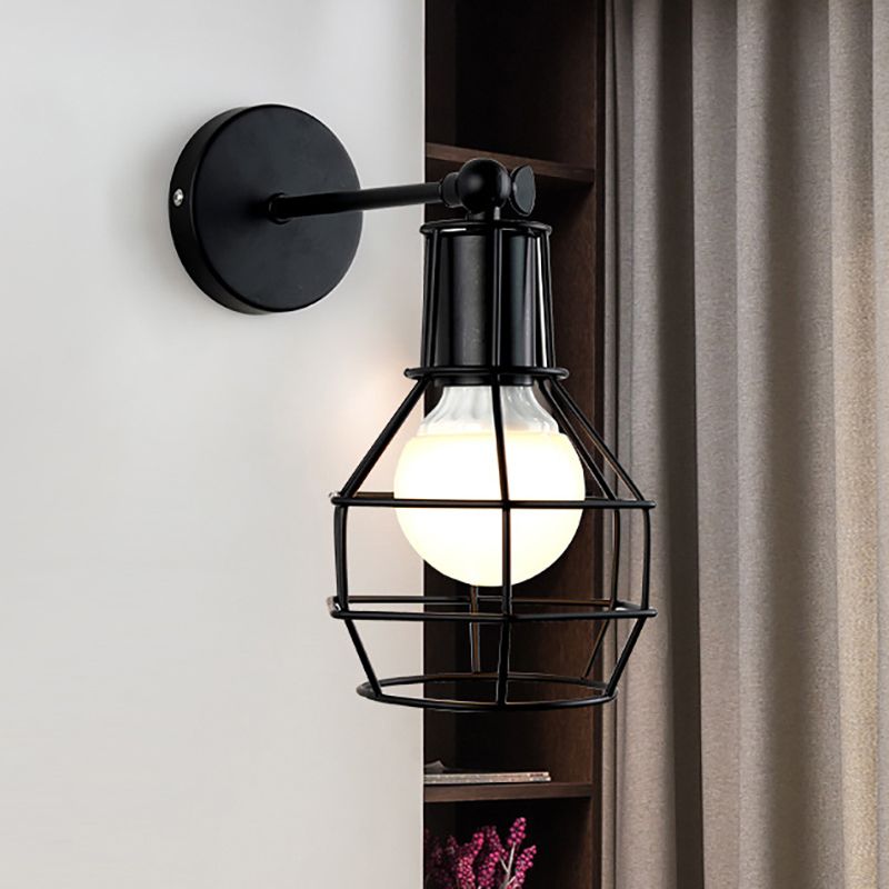 Globe Bedroom Wall Sconce Lamp Metal 1 Head Industrial Style Rotatable Wall Light with Wire Guard in Black