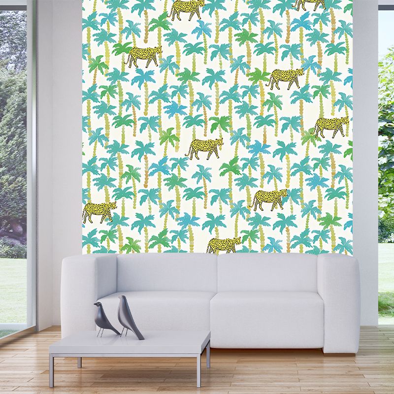 Yellow-Blue Tropical Mural Wallpaper Large Jungle Leopard Printed Wall Decor for Home