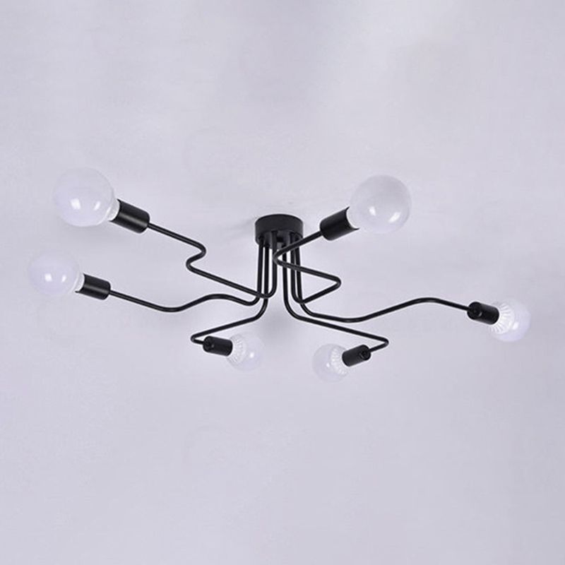 Black Bare Bulb Ceiling Lighting Retro Iron Angled Tangle Semi Flush Mount Lighting for Living Room