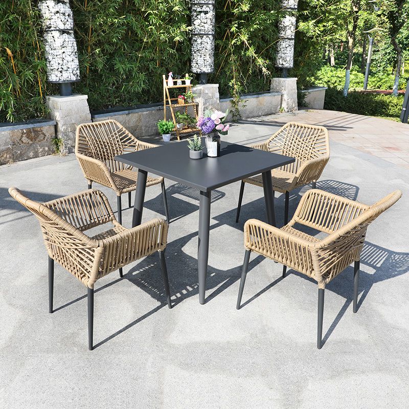 Tropical Outdoor Bistro Chairs with Arms in Faux Rattan and Metal Base