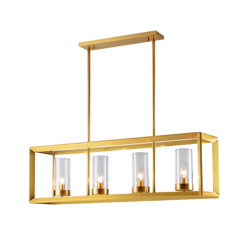 Classic Rectangle Hanging Pendant Light 3/4/5 Lights Clear Glass Island Lighting in Gold for Dining Room