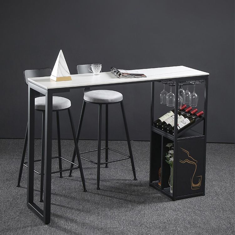 Industrial Rectangle Pub Table White Sintered Stone Bar Height Cocktail Table with Shelves