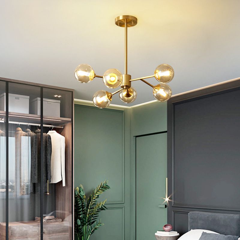 Post-Modern Metal Hanging Chandelier Light Amber Glass Shade Ceiling Chandelier in Gold for Bedroom