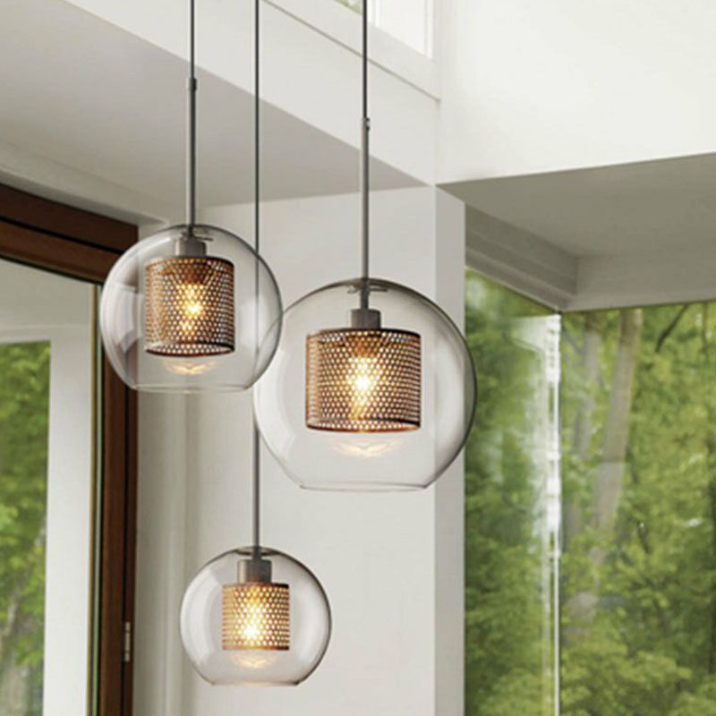 Clear Glass Sphere Suspension Lamp Modern 1 Bulb Hanging Pendant Light with Mesh Screen