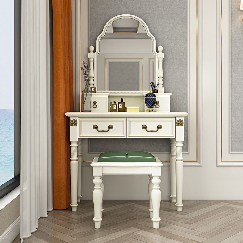 Victorian Solid Wood Vanity Makeup Dressing Table Stool Set with Mirror in White