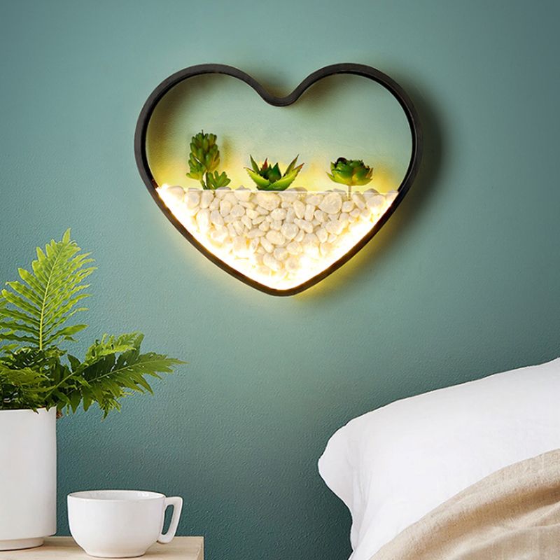 Fake Succulent Plant Wall Light Metal Stone Modern Creative Sconce Light in Black for Bedroom