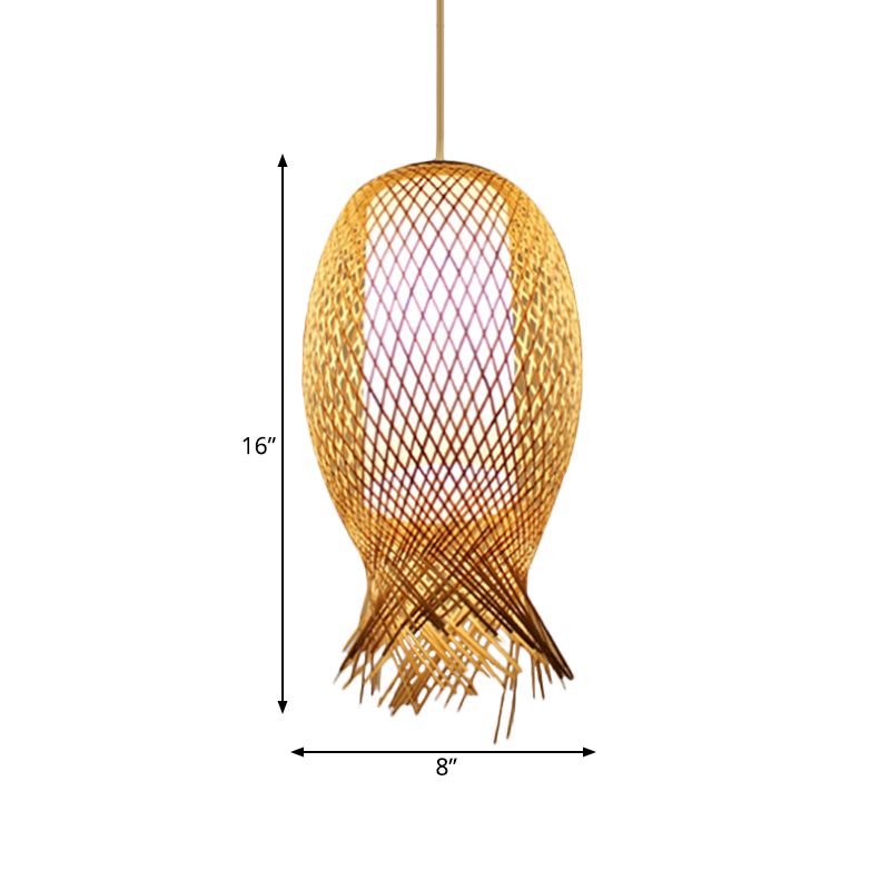 Barrel Suspension Pendant Retro Bamboo 1 Bulb Wood Hanging Light Kit with Inner Cylindrical White Shade