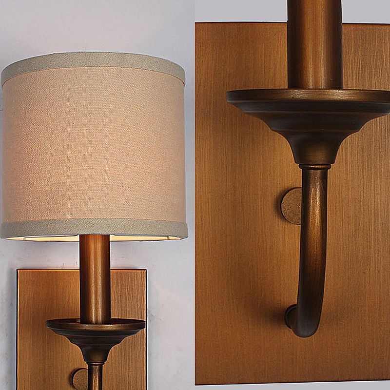 Fabric Shade Cylindrical Wall Lamp Vintage Style 1/2-Light Bedroom Wall Light Sconce in Flaxen