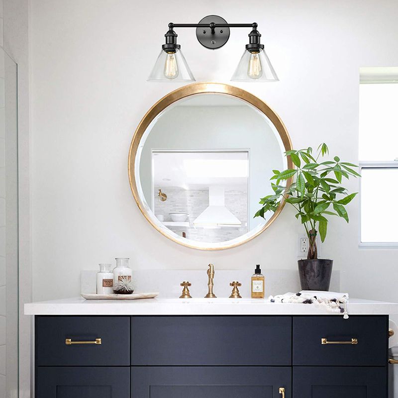 Conical Shade Industrial Wall Mounted Lamp 2 Lights Vanity Sconce in Clear Glass Cage