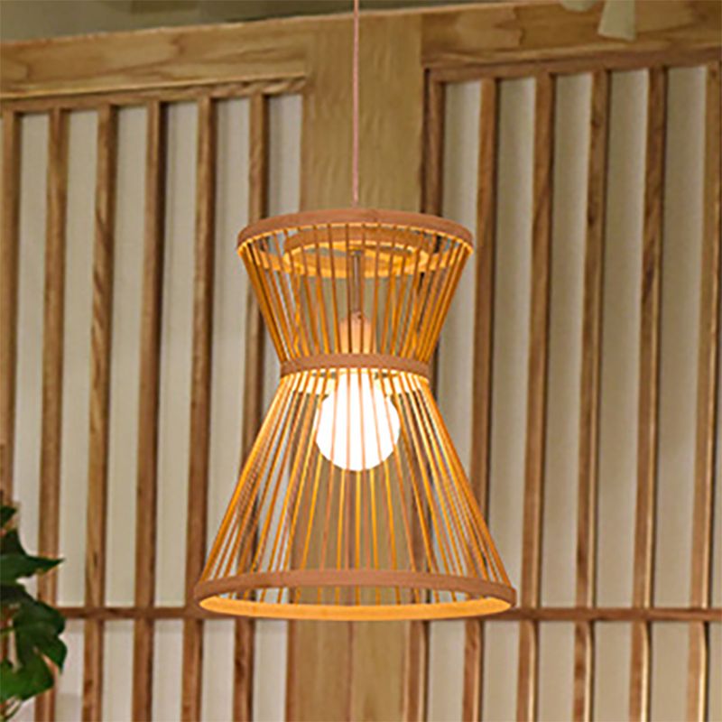 Lámpara colgante en forma de reloj de arena bambú asiática 1 bombilla de beige luz de suspensión para vestíbulo