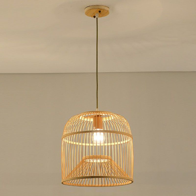 Geometric Shape Guest Room Pendant Light Bamboo Single Asian Hanging Light in Wood