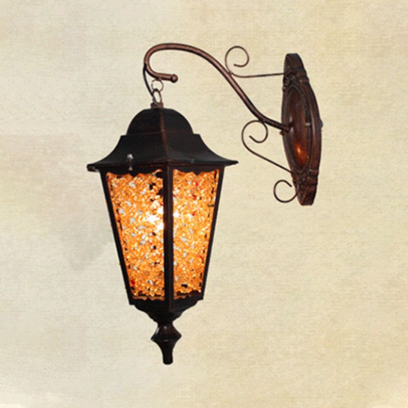 Lantern Restaurant Wall Sconce Lamp Antique Metal 1 Light Red/Yellow/Green Wall Lighting Fixture with Glass Decoration