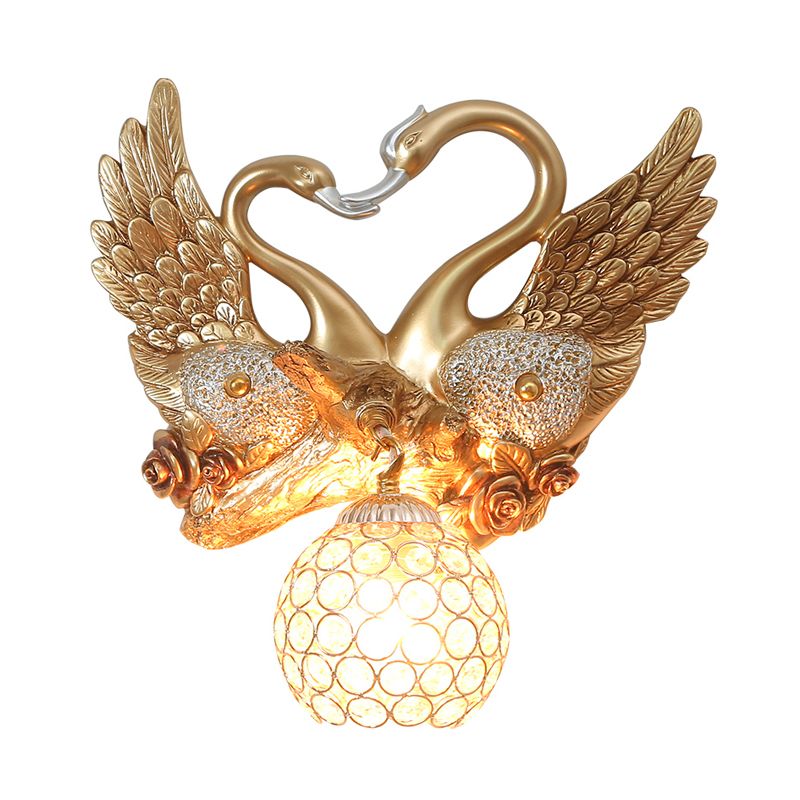 Resin Swan Wall Light Vintage 1 Light Gold Sconce Light with Dome Metal and Crystal Shade
