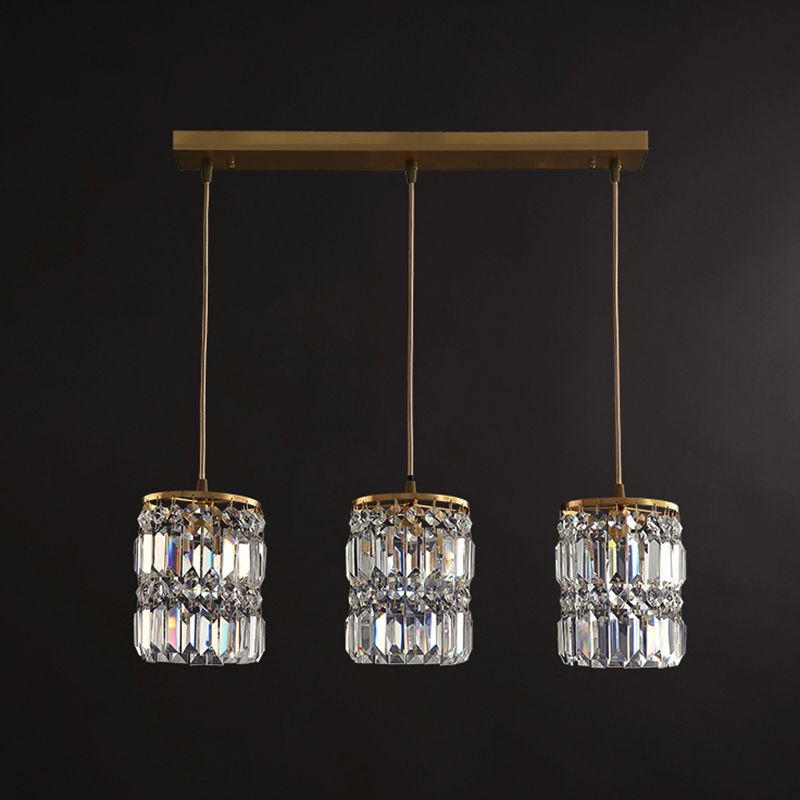Crystal Cylindrical Multi Light Pendant Minimalist 3-Light Gold Hanging Light Fixture for Dining Room