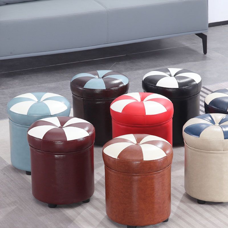 Wine Red Round Pouf Leather Color Piece Pouf for Drawing Room