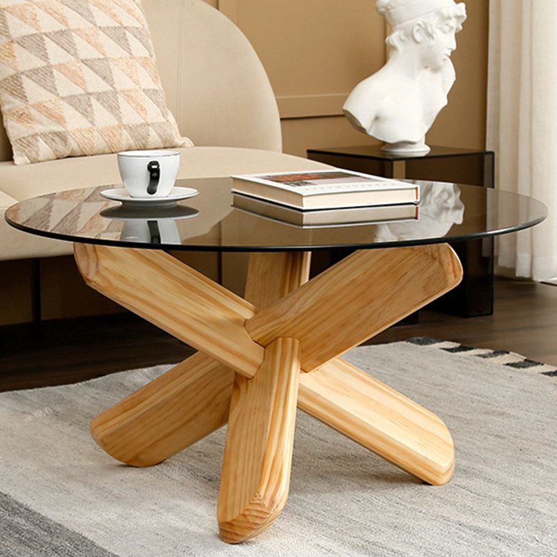 Round 1 Single Coffee Table Tempered Glass Top 3 Legs Wood Cocktail Table