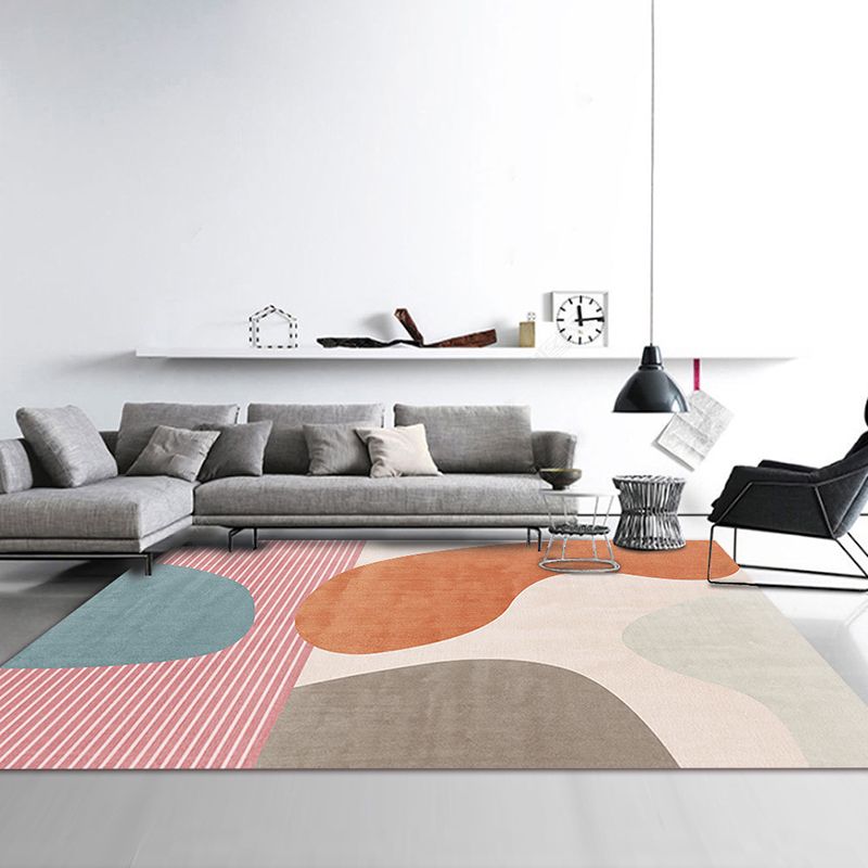 Pink Color-Blocked Rug Polyester Modern Carpet Non-Slip Backing Area Rug for Home Decor