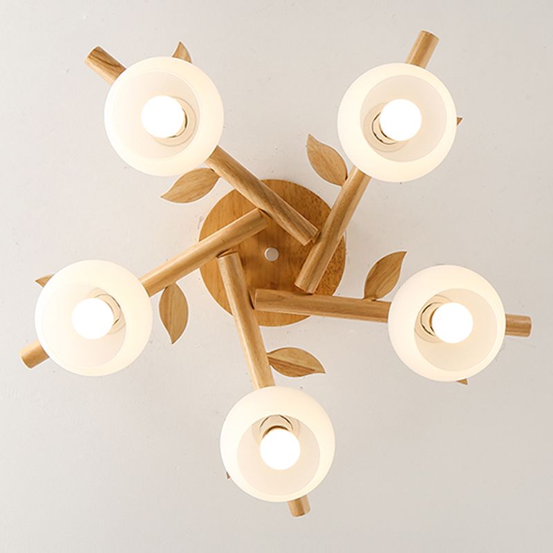 Log Color Indoor Ceiling Fixture in Modern Concise Style Wooden Globe Ceiling Light with Glass Shade