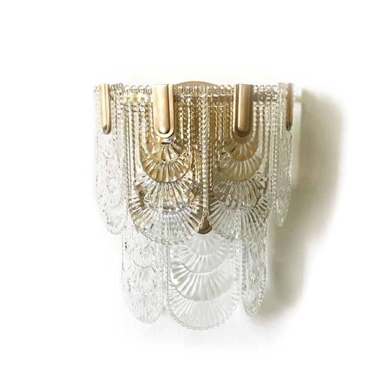 Tiered Scalloped Crystal Wall Light Minimalist 3 Bulbs Brass Wall Lighting Fixture