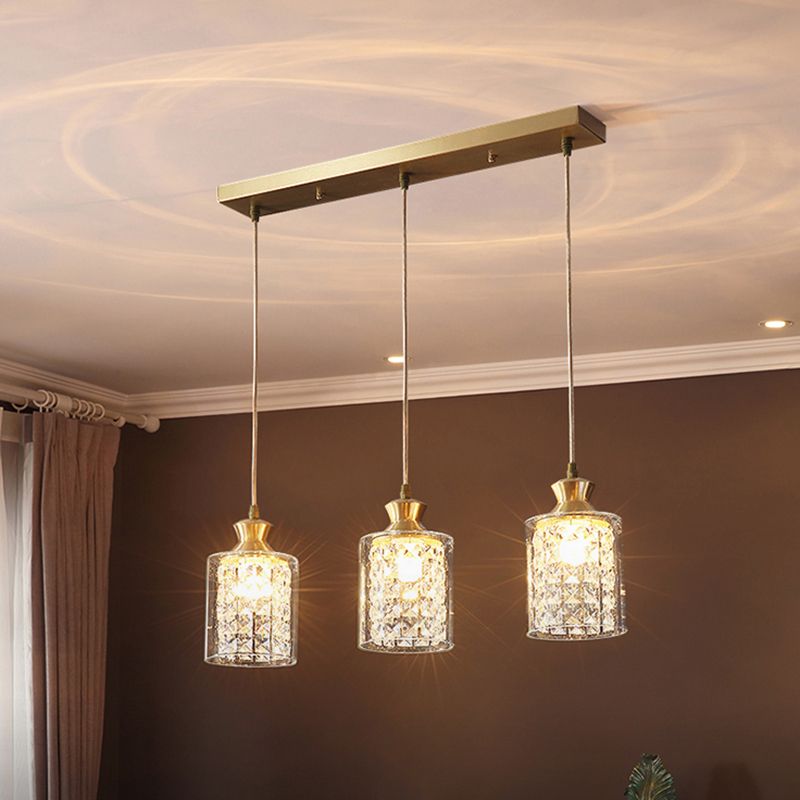 Postmodern Shaded Multiple Hanging Light Crystal 3 Heads Dining Room Suspension Pendant in Gold