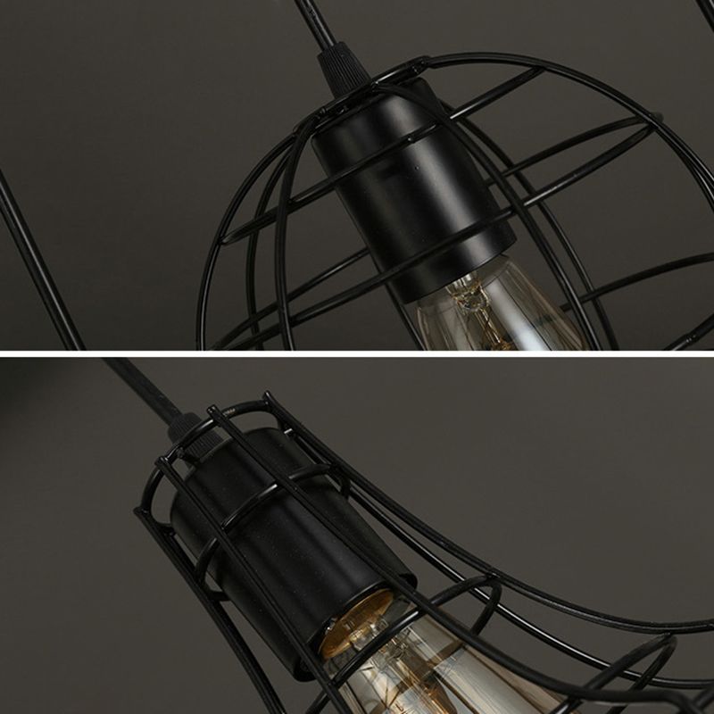 Black Caged Pendant Lighting Industrial Metal 1-Light Restaurant Suspension Light
