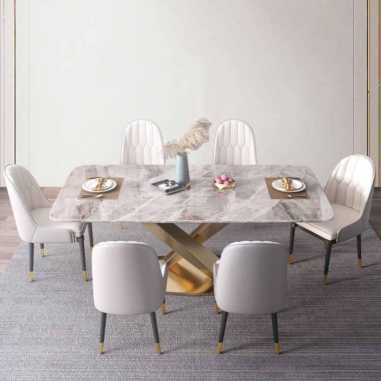 Modern Style Sintered Stone Dining Table with Standard Height Fixed Table and Gold Trestle Base
